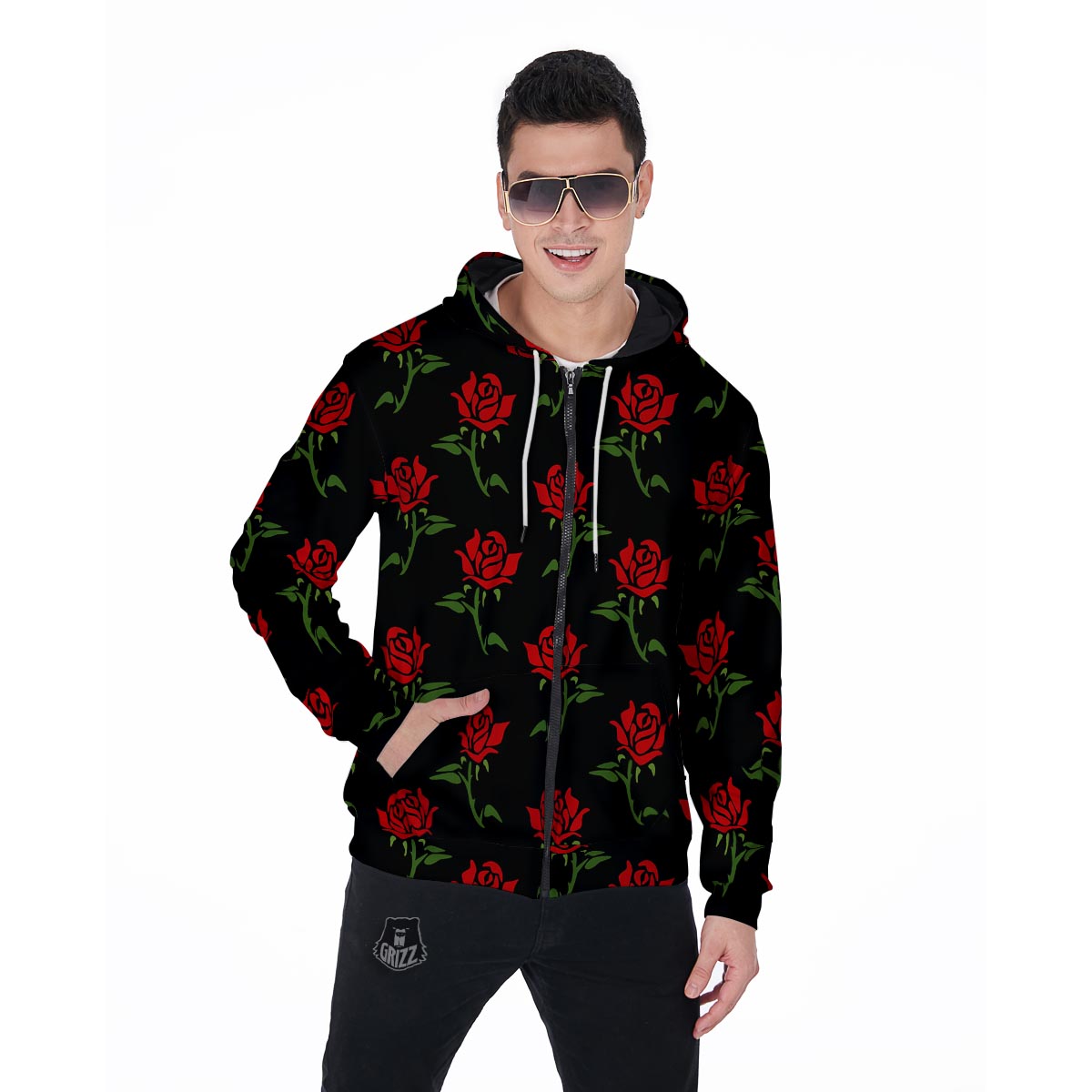 Red Doodle Rose Floral Men's Zip Up Hoodie-grizzshop