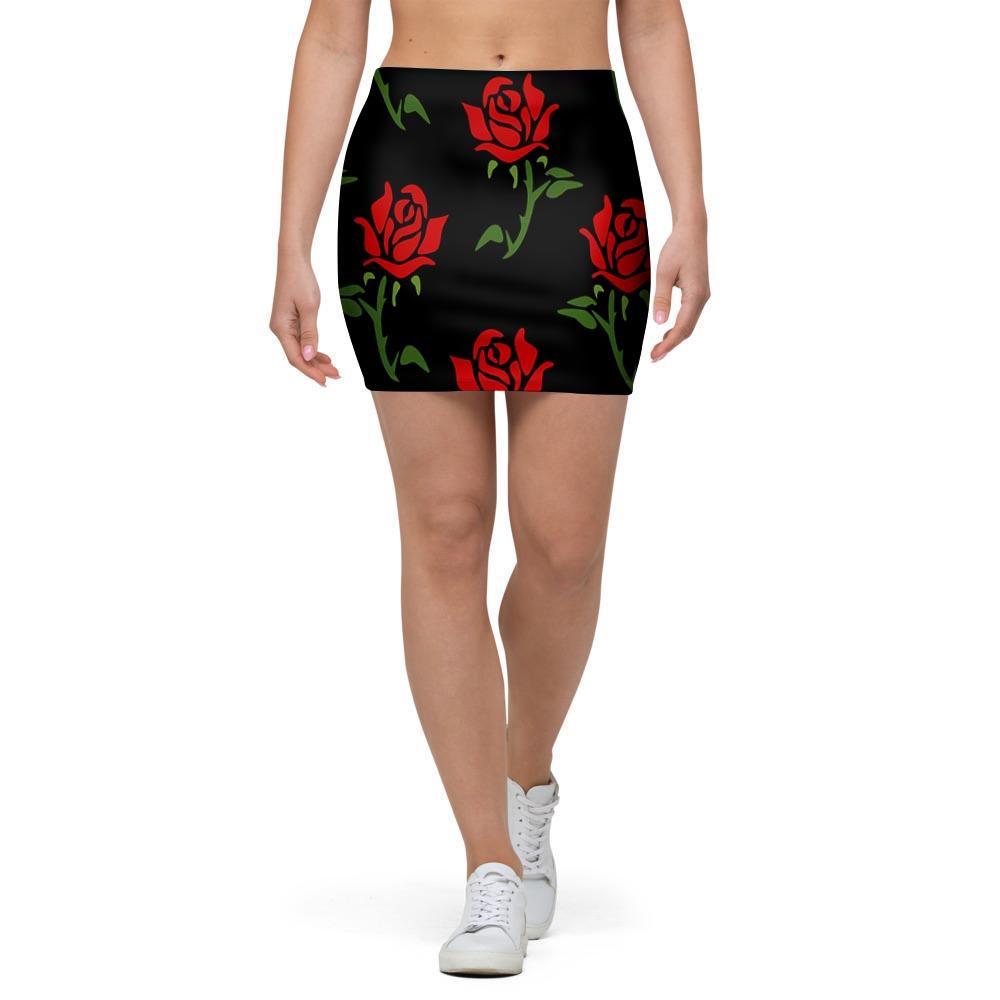 Red Doodle Rose Floral Mini Skirt-grizzshop