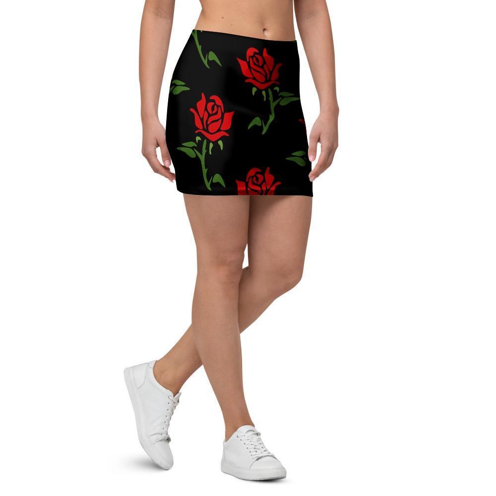 Red Doodle Rose Floral Mini Skirt-grizzshop