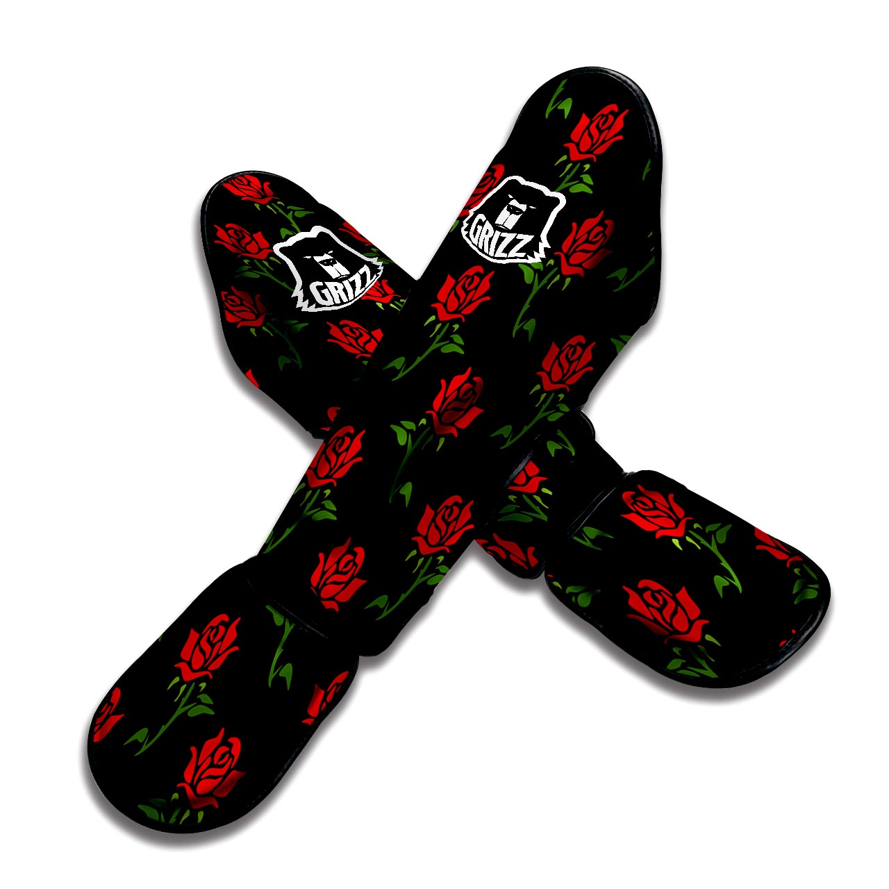 Red Doodle Rose Floral Muay Thai Shin Guard-grizzshop