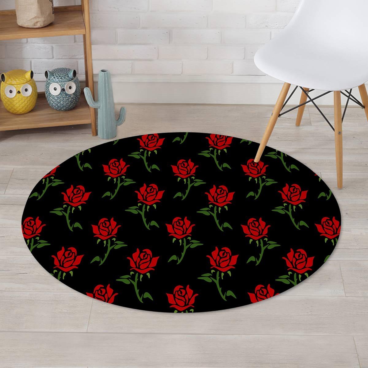 Red Doodle Rose Floral Round Rug-grizzshop