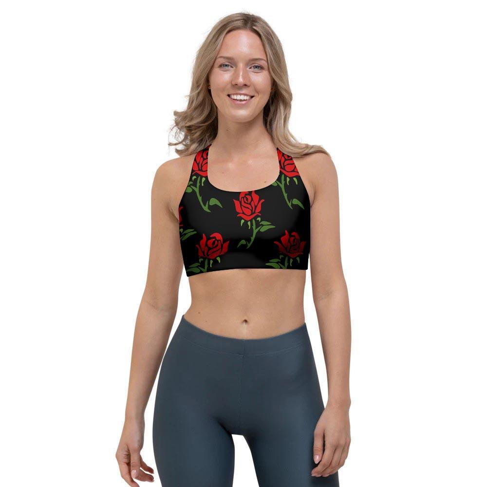 Red Doodle Rose Floral Sports Bra-grizzshop