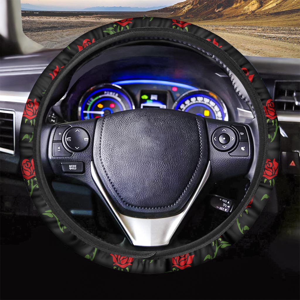 Red Doodle Rose Floral Steering Wheel Cover-grizzshop