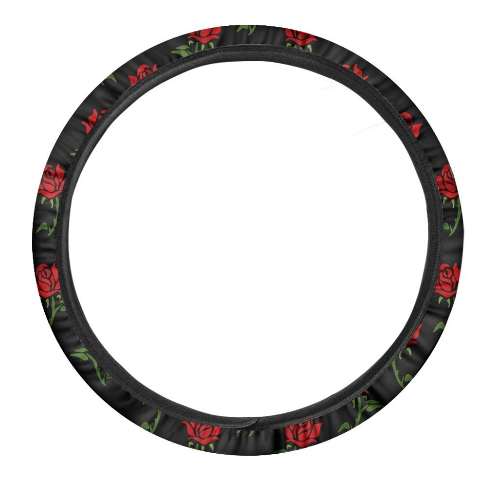 Red Doodle Rose Floral Steering Wheel Cover-grizzshop