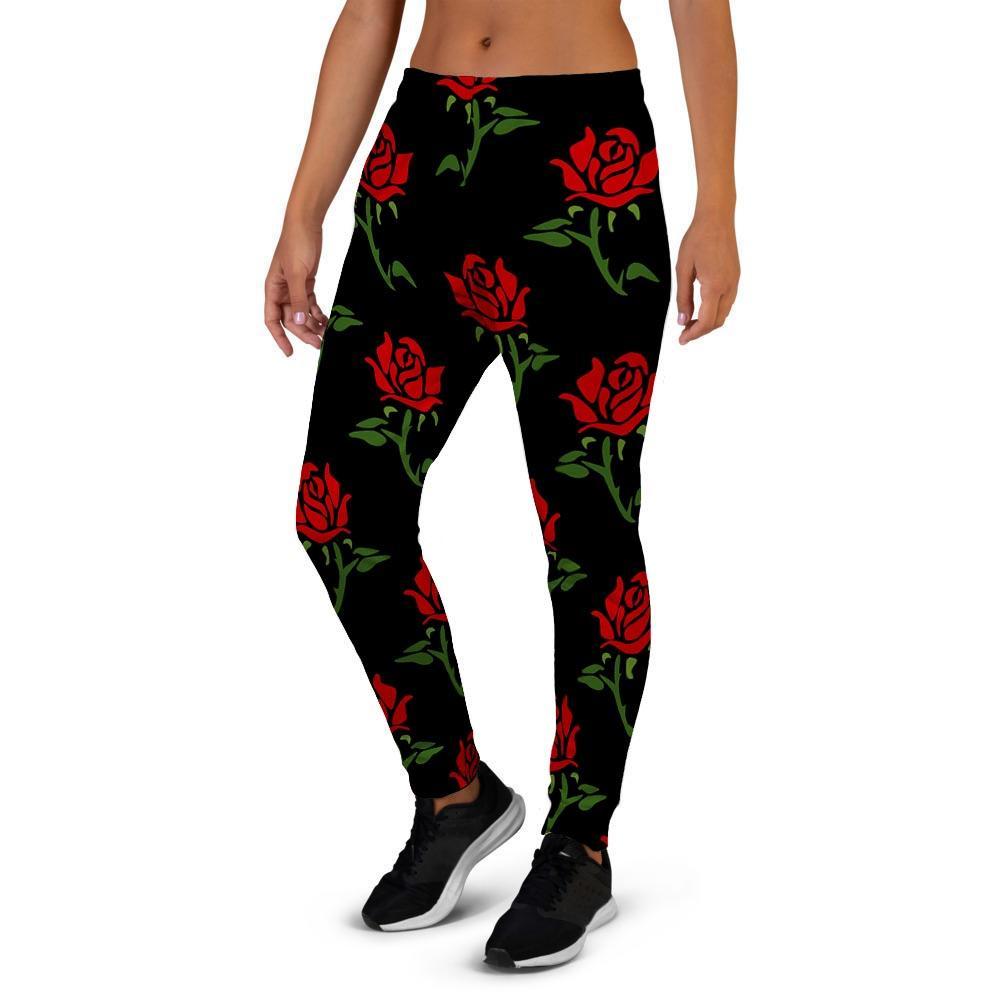 Red Doodle Rose Floral Women's Joggers-grizzshop