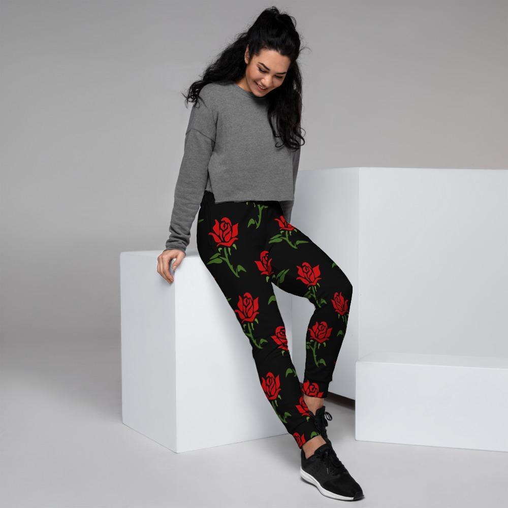 Red Doodle Rose Floral Women's Joggers-grizzshop