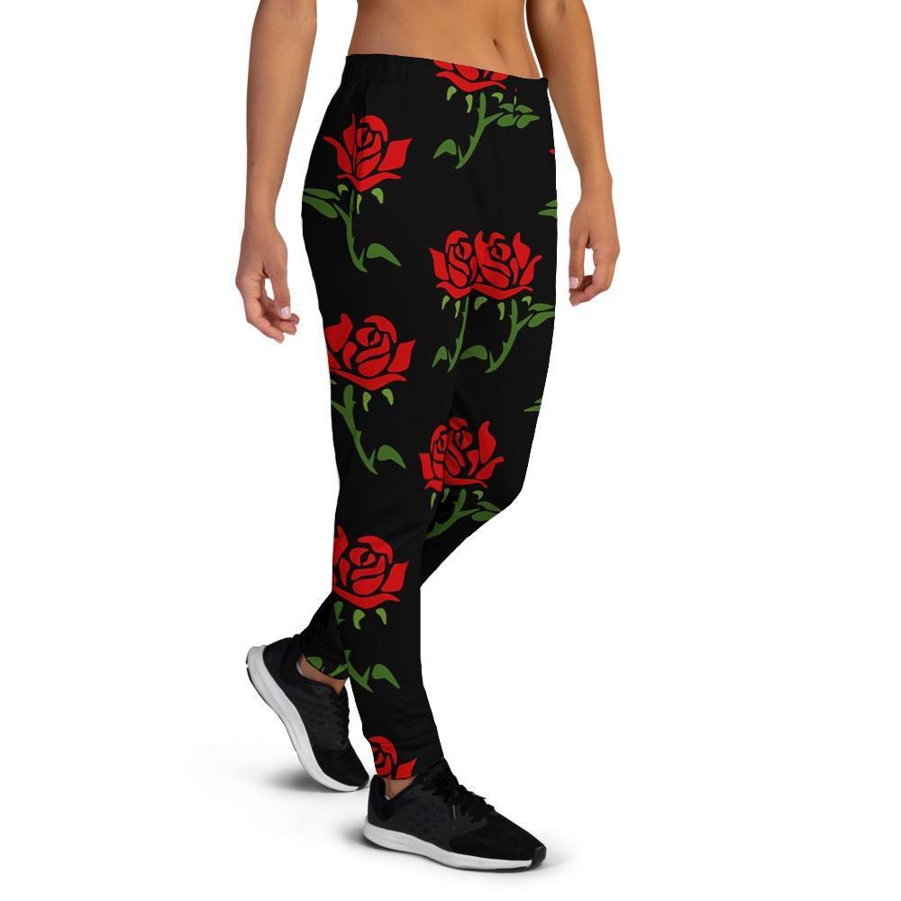 Red Doodle Rose Floral Women's Joggers-grizzshop