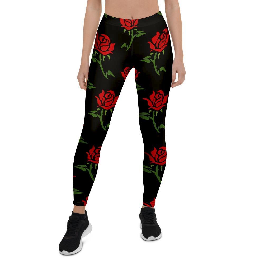 Red Doodle Rose Floral Women's Leggings-grizzshop