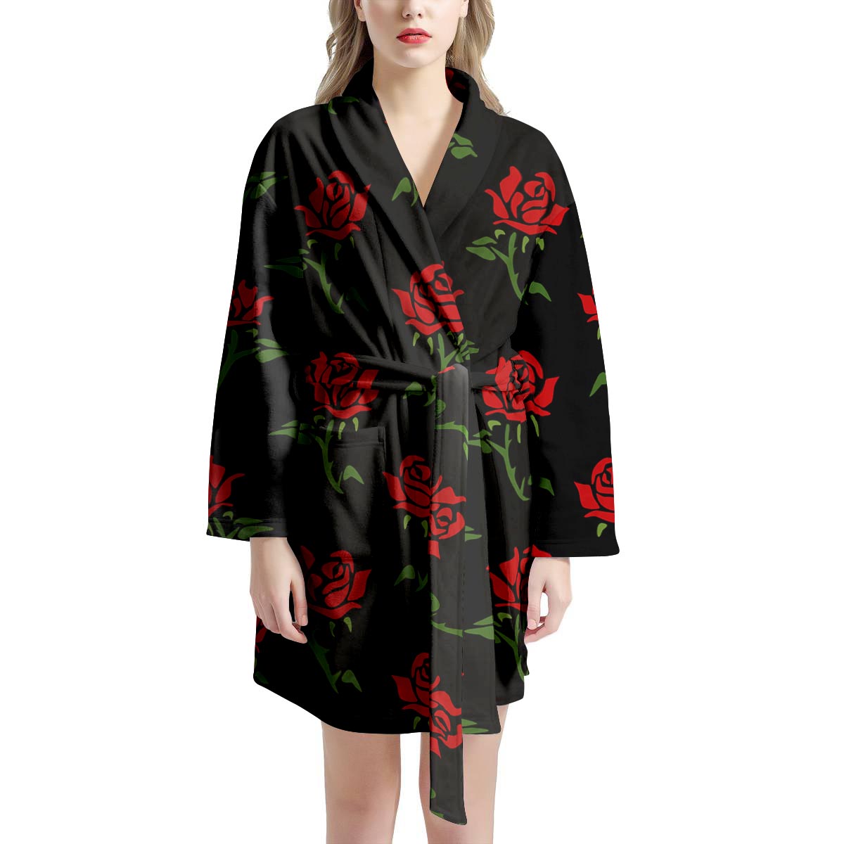 Red Doodle Rose Floral Women's Robe-grizzshop