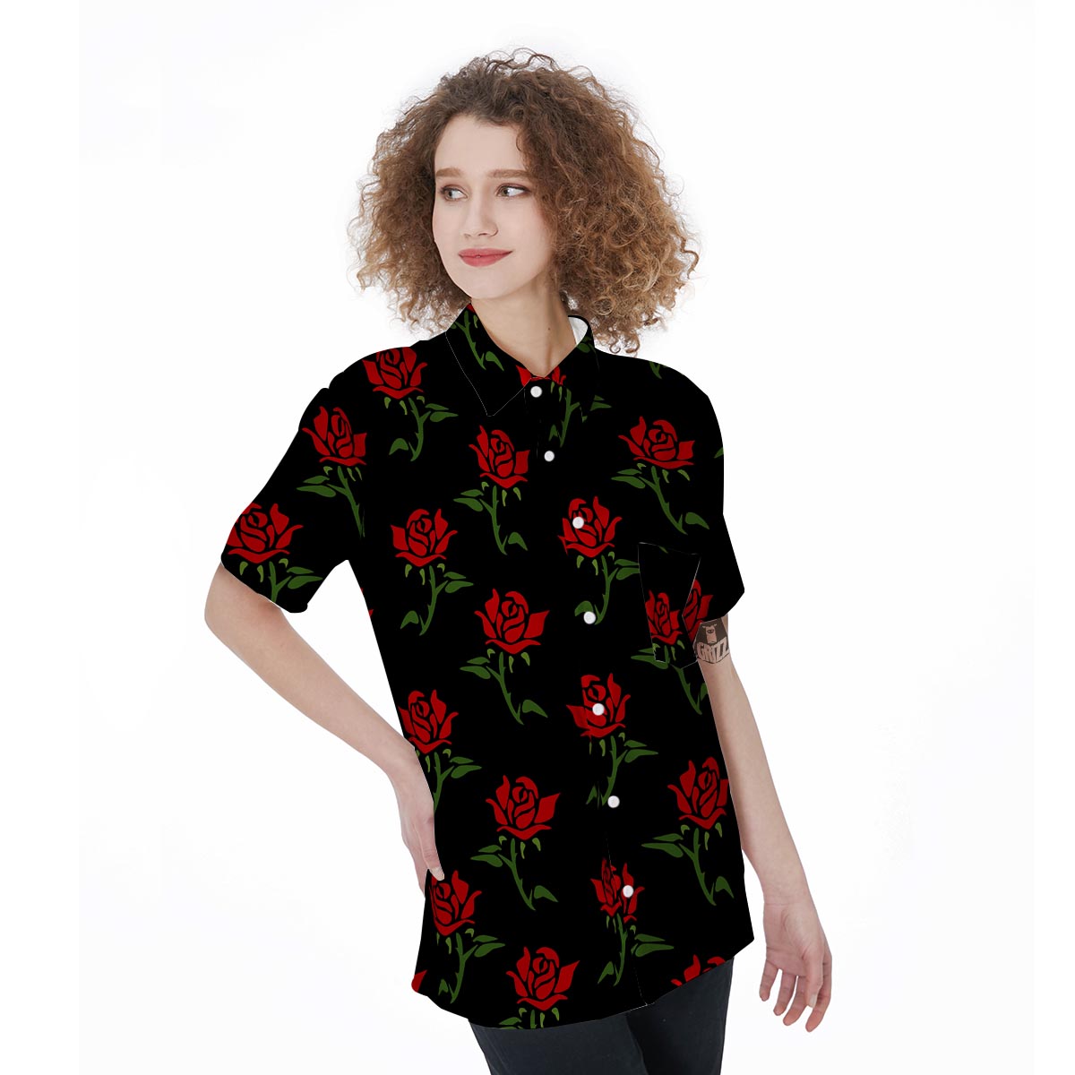 Red Doodle Rose Floral Women's Short Sleeve Shirts-grizzshop