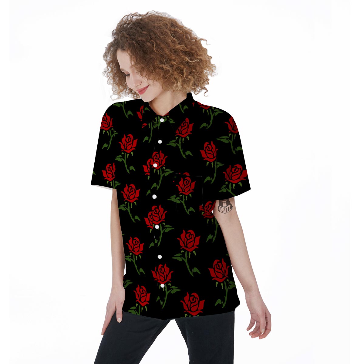 Red Doodle Rose Floral Women's Short Sleeve Shirts-grizzshop