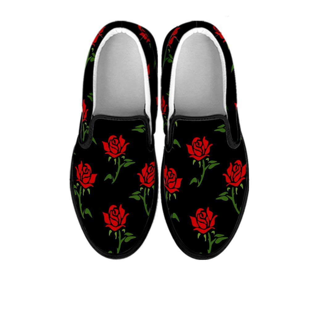 Red Doodle Rose Floral Women's Slip On Sneakers-grizzshop