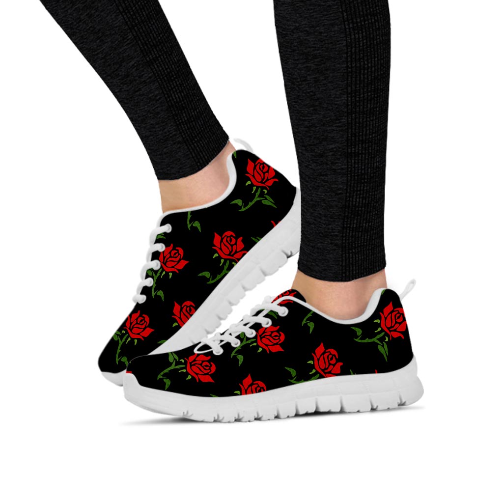 Red Doodle Rose Floral Women's Sneakers-grizzshop