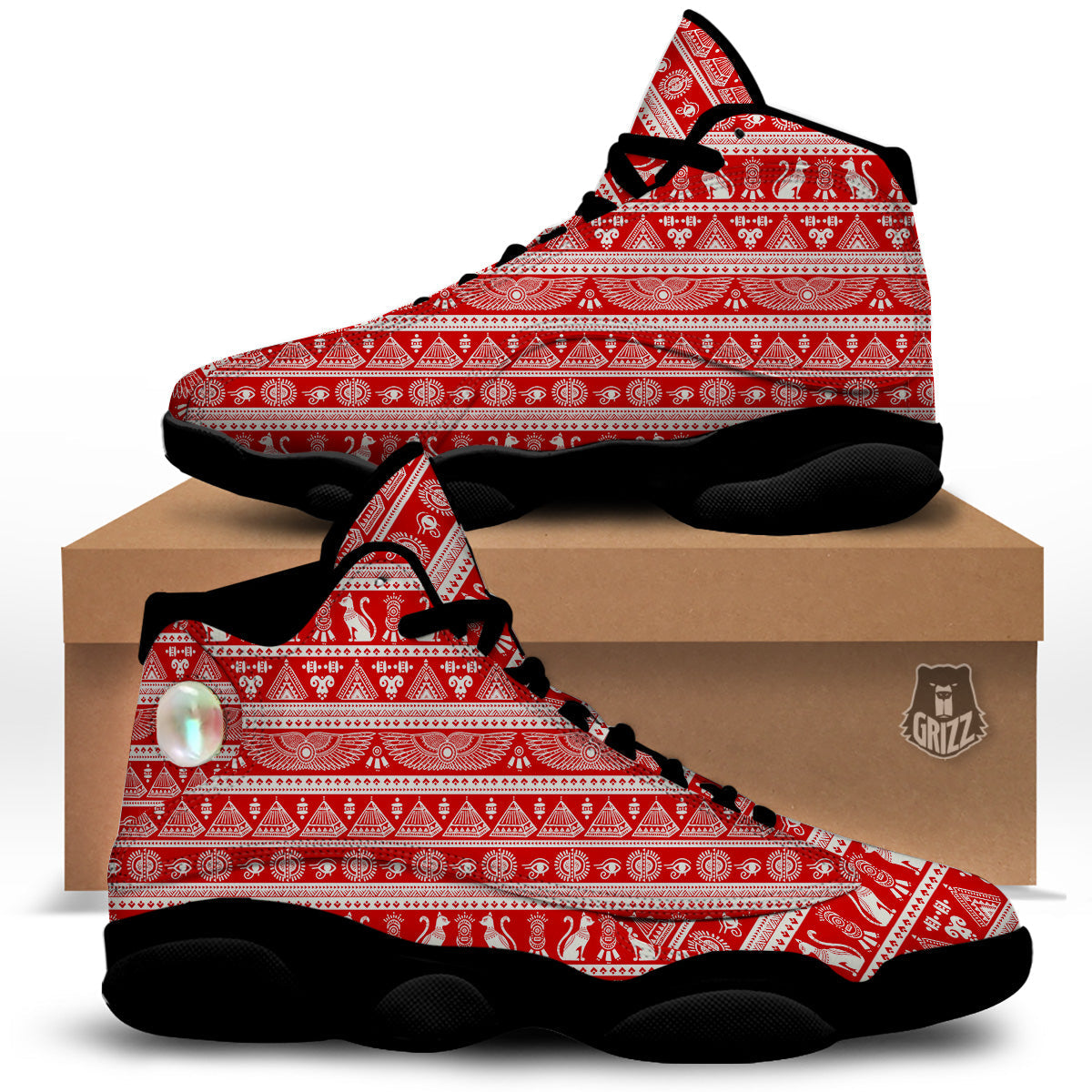 Red Egypt Symbol Print Pattern Black Basketball Shoes-grizzshop