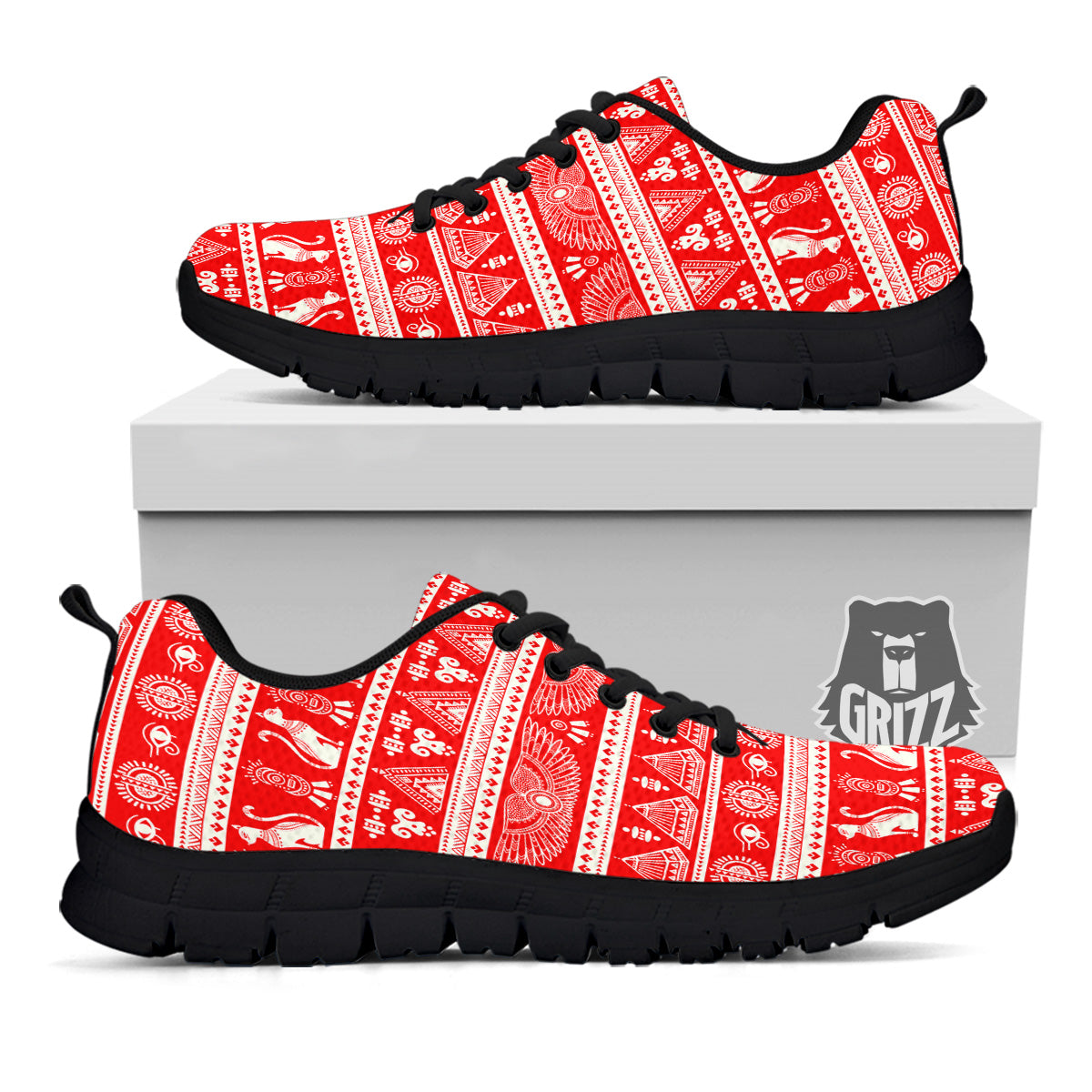 Red Egypt Symbol Print Pattern Black Sneaker-grizzshop