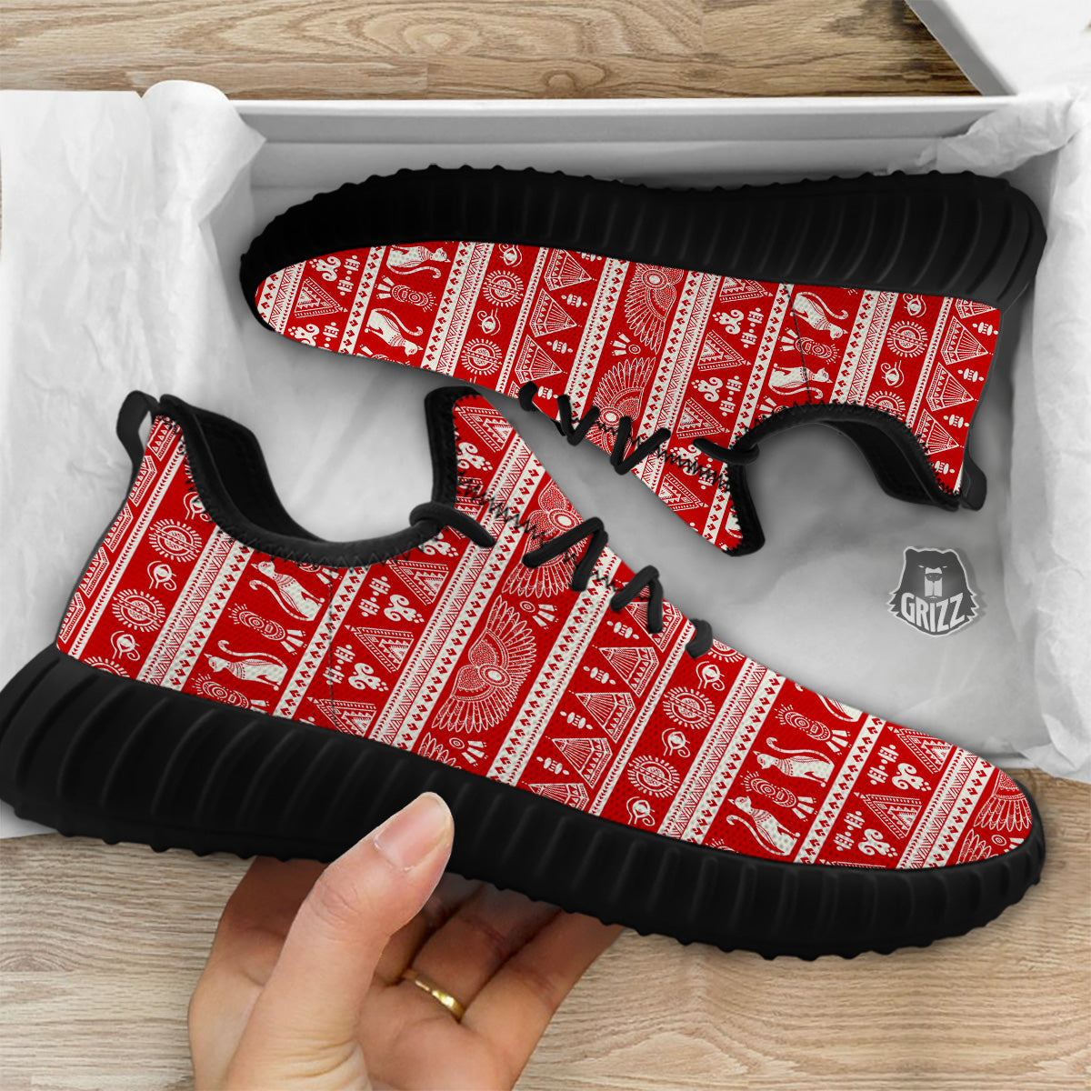 Red Egypt Symbol Print Pattern Black Walking Shoes-grizzshop