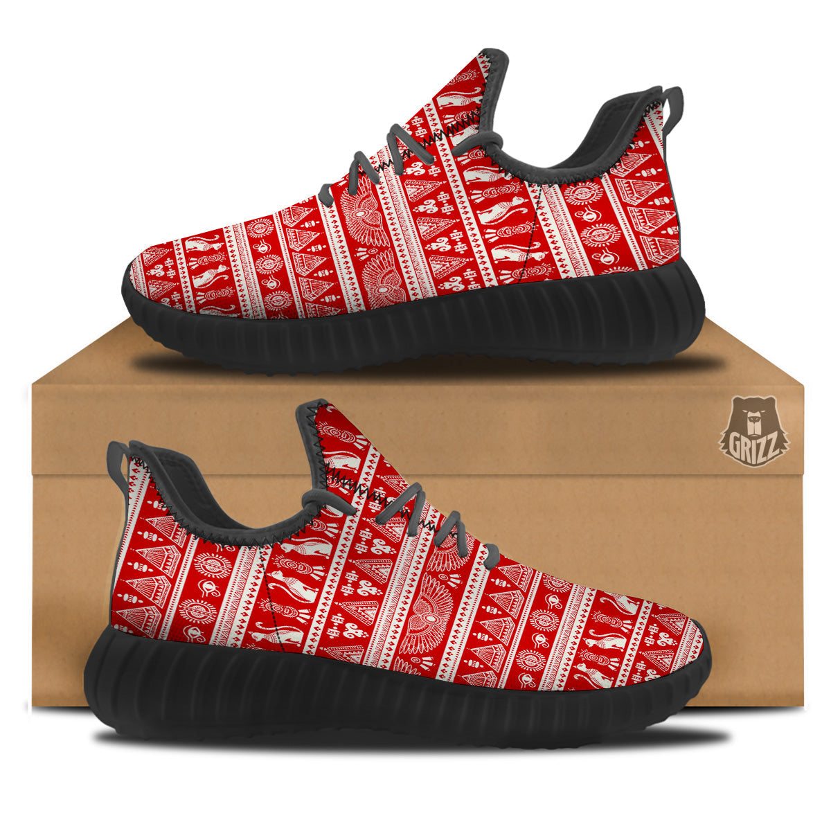 Red Egypt Symbol Print Pattern Black Walking Shoes-grizzshop