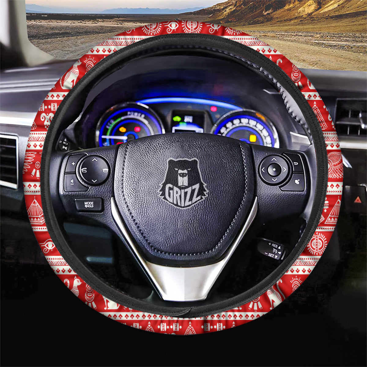 Red Egypt Symbol Print Pattern Car Steering Wheel Cover-grizzshop