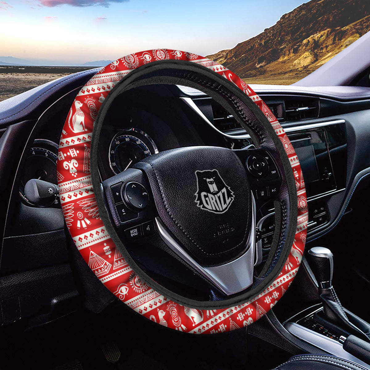 Red Egypt Symbol Print Pattern Car Steering Wheel Cover-grizzshop