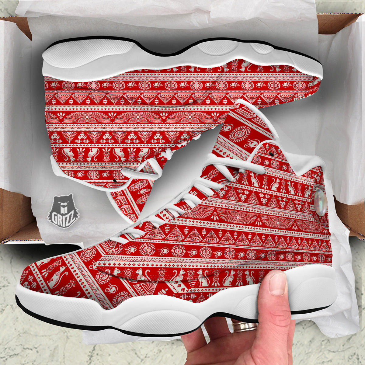 Red Egypt Symbol Print Pattern White Basketball Shoes-grizzshop