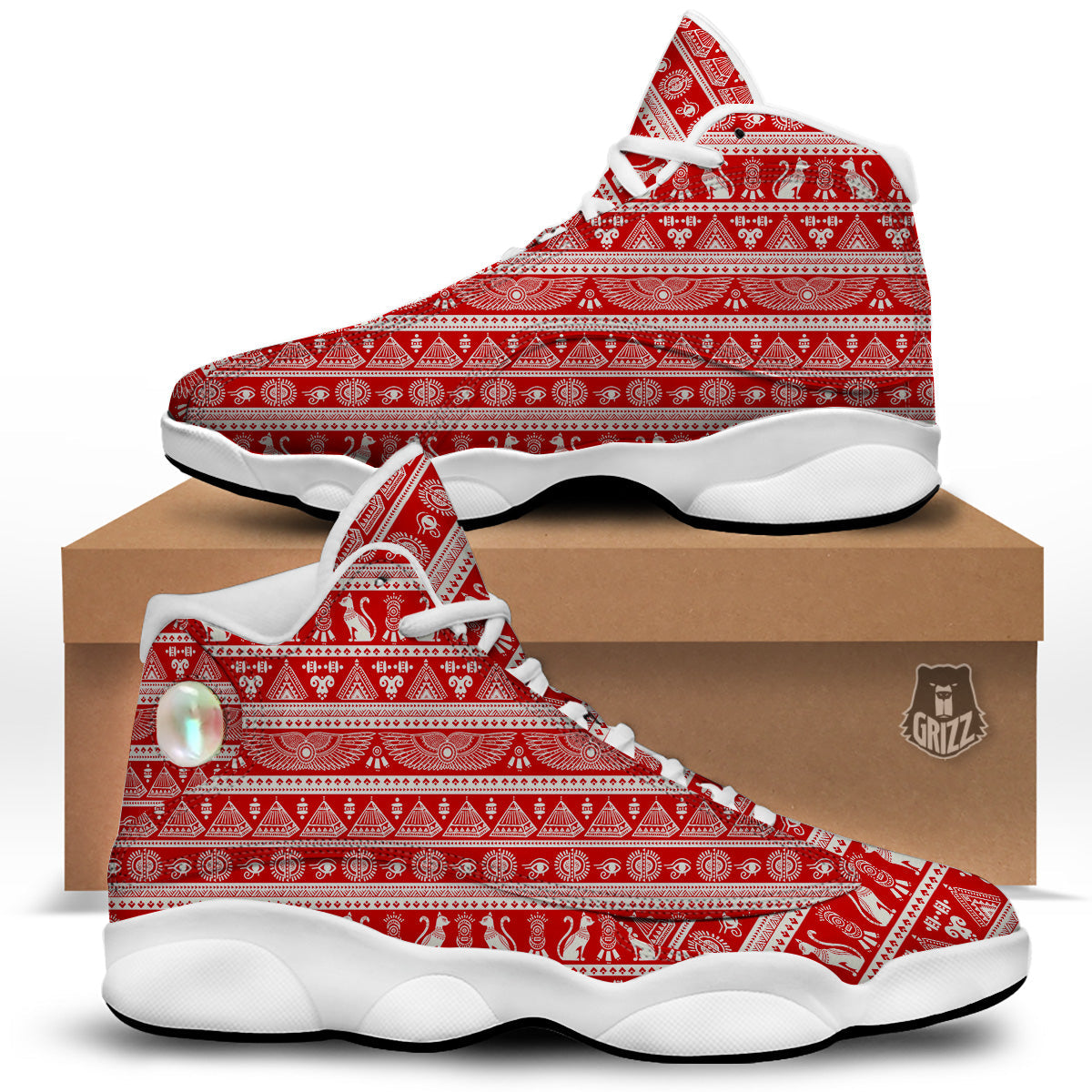 Red Egypt Symbol Print Pattern White Basketball Shoes-grizzshop