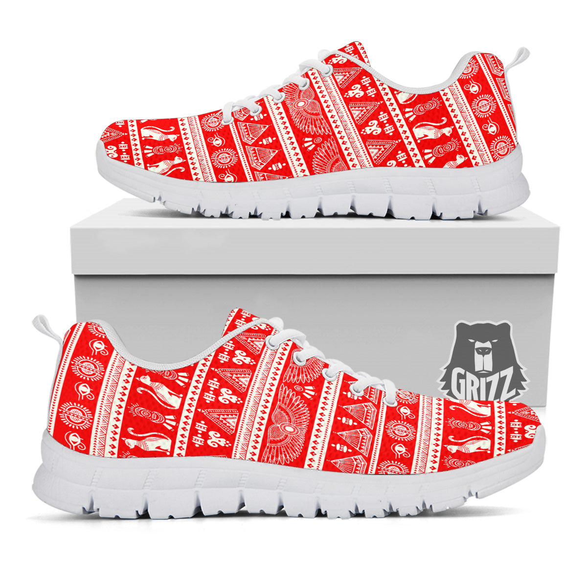 Red Egypt Symbol Print Pattern White Sneaker-grizzshop