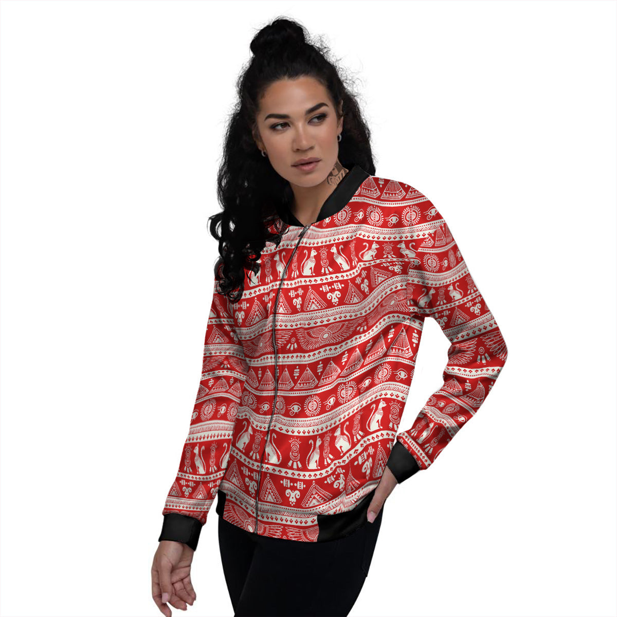 Red Egypt Symbol Print Pattern Women's Bomber Jacket-grizzshop