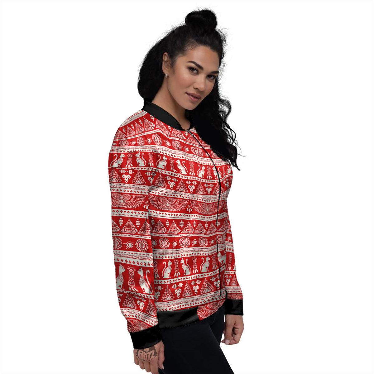 Red Egypt Symbol Print Pattern Women's Bomber Jacket-grizzshop