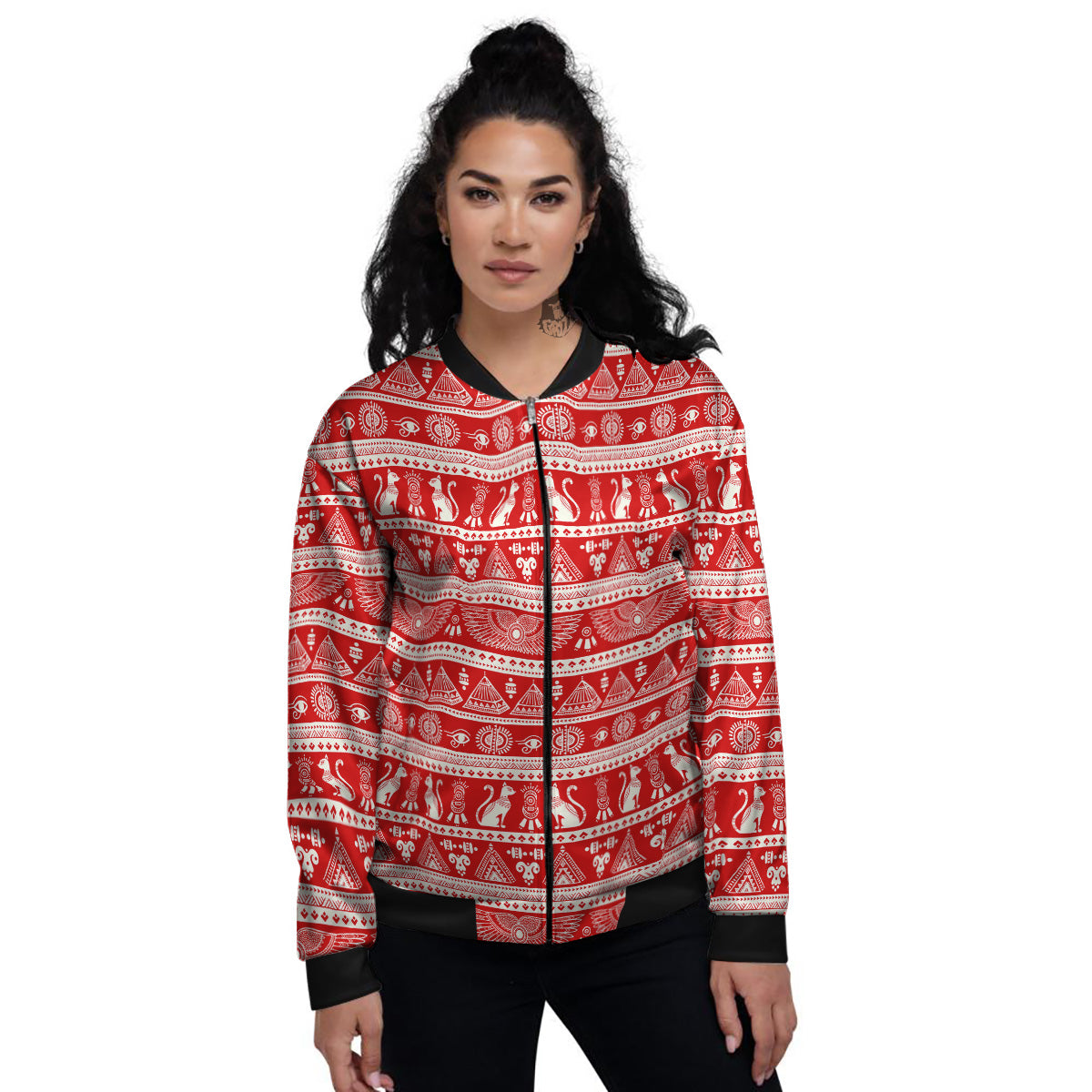 Red Egypt Symbol Print Pattern Women's Bomber Jacket-grizzshop