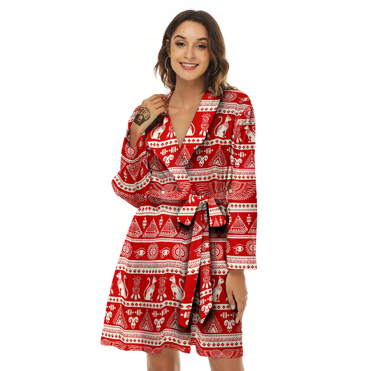 Red Egypt Symbol Print Pattern Women's Robe-grizzshop