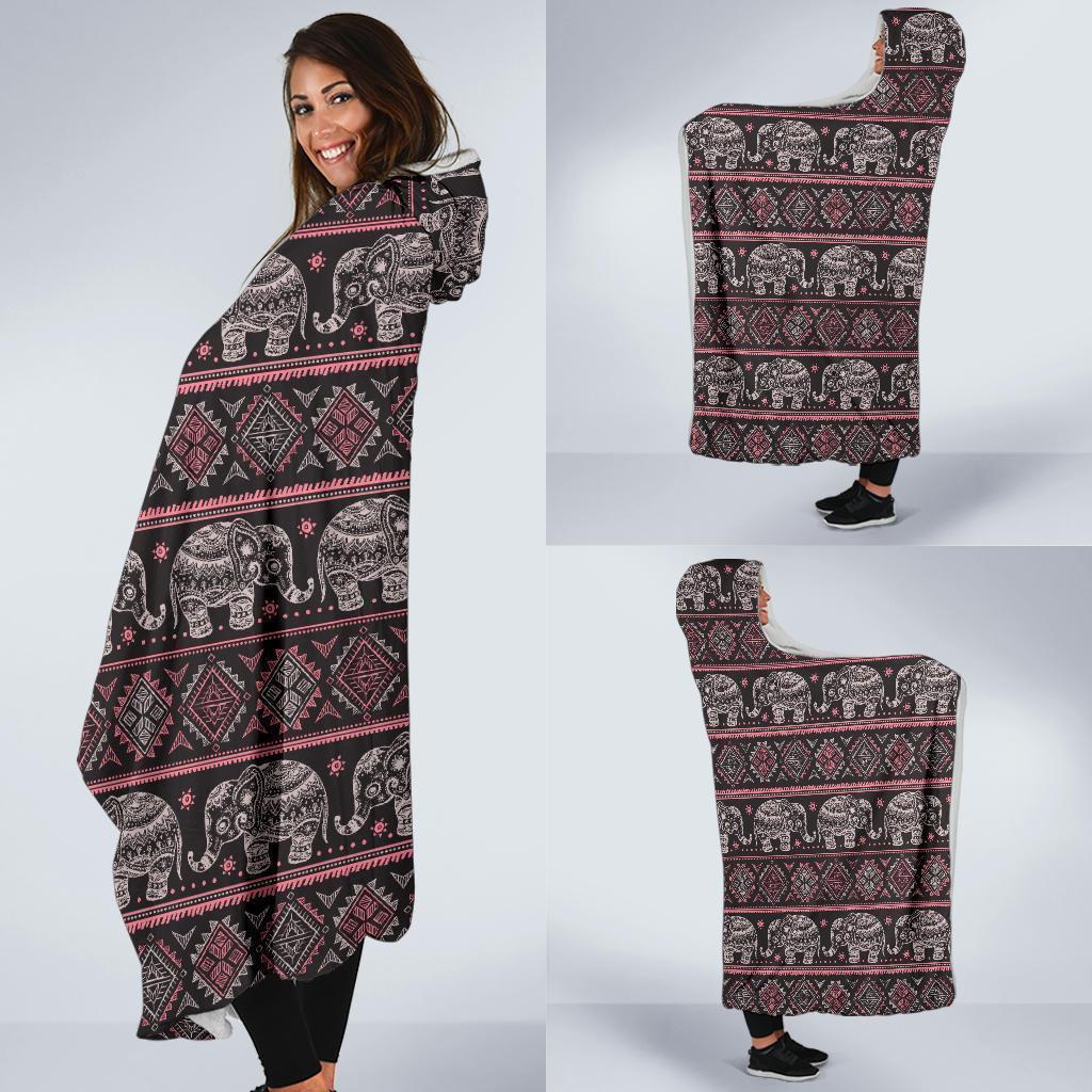 Red Elephant Aztec Pattern Print Hooded Blanket-grizzshop