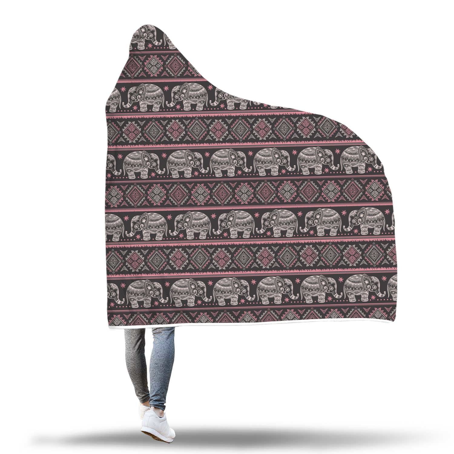 Red Elephant Aztec Pattern Print Hooded Blanket-grizzshop