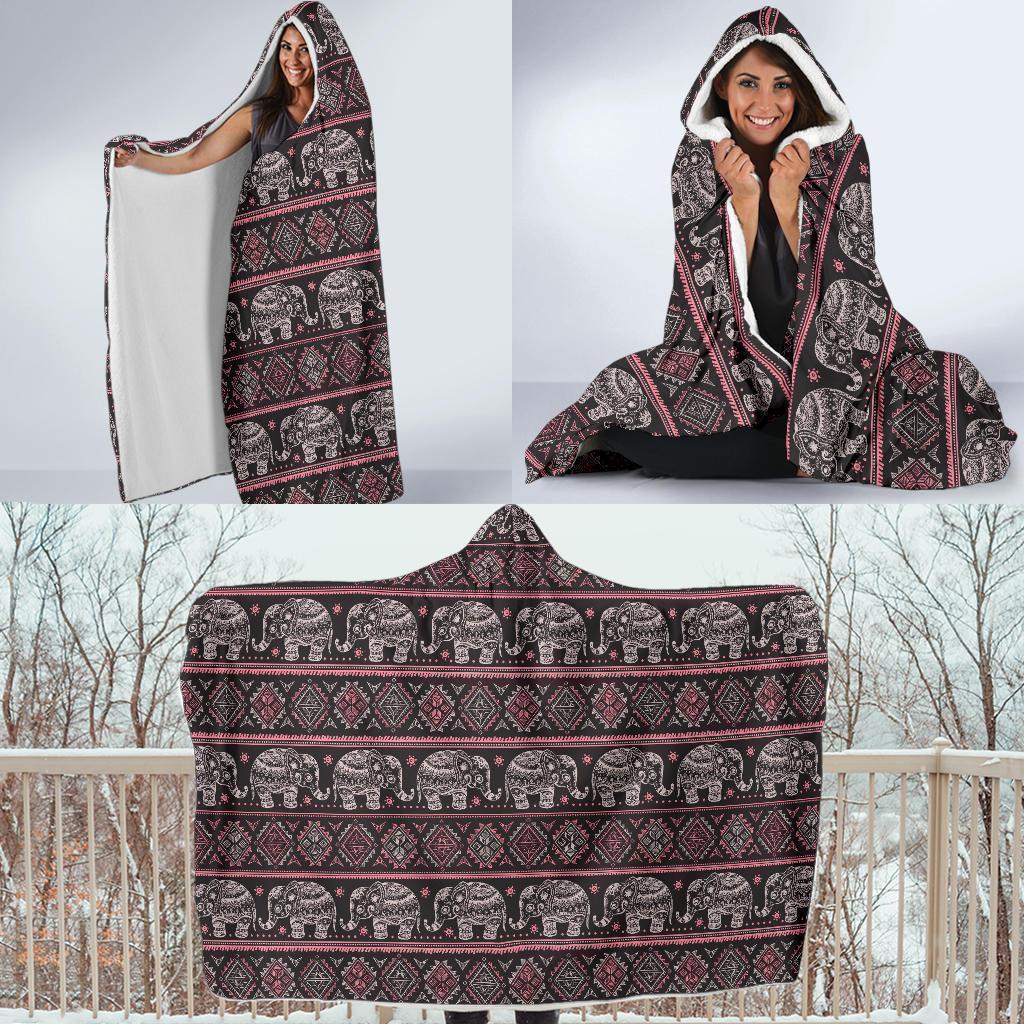 Red Elephant Aztec Pattern Print Hooded Blanket-grizzshop