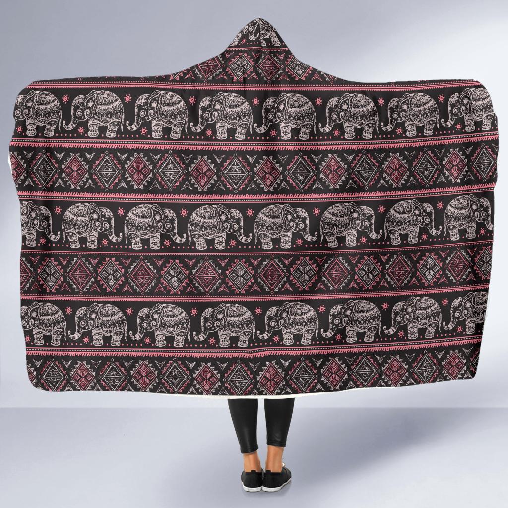 Red Elephant Aztec Pattern Print Hooded Blanket-grizzshop