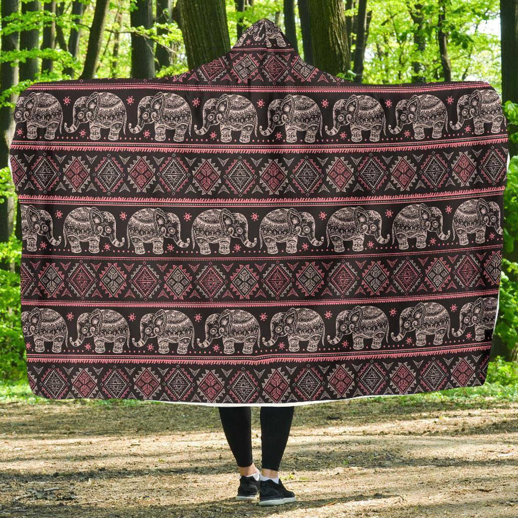 Red Elephant Aztec Pattern Print Hooded Blanket-grizzshop