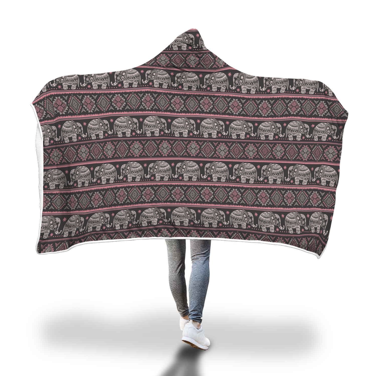 Red Elephant Aztec Pattern Print Hooded Blanket-grizzshop