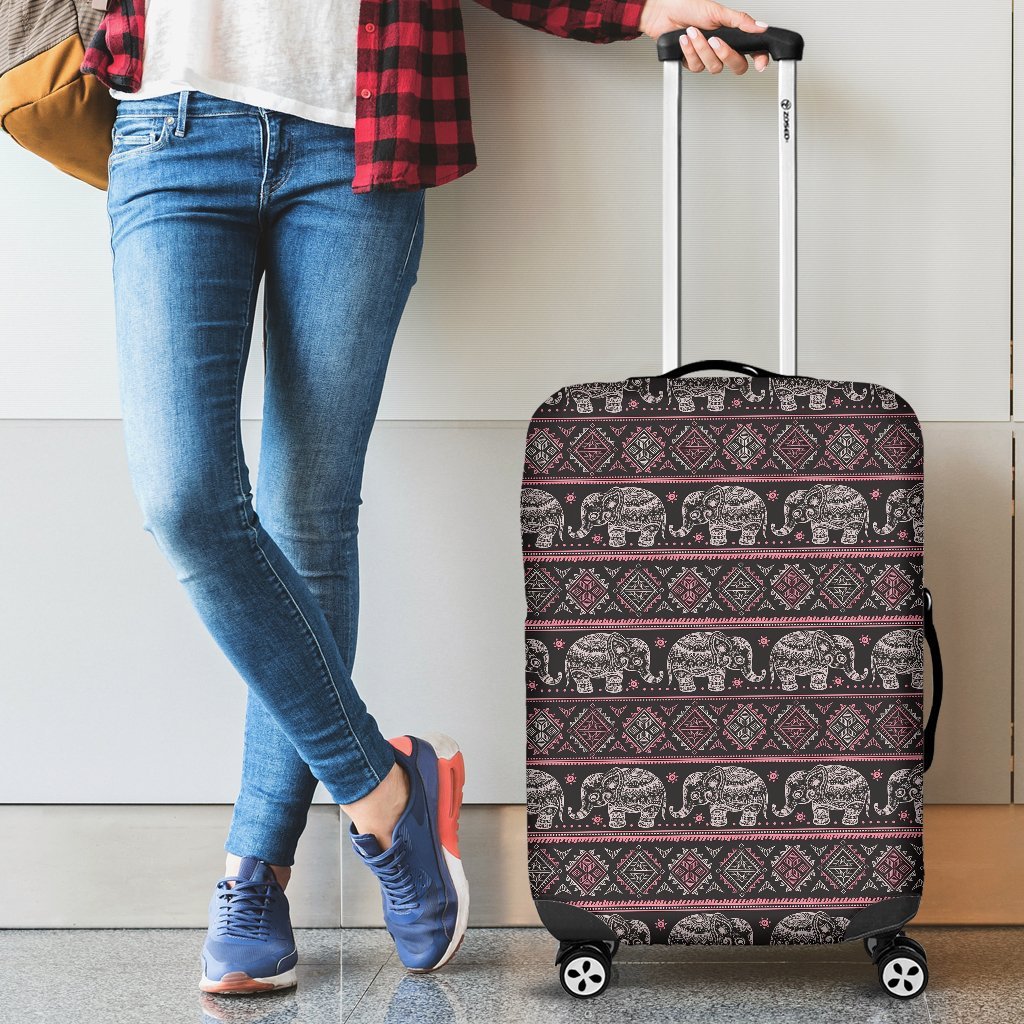 Red Elephant Aztec Pattern Print Luggage Cover Protector-grizzshop