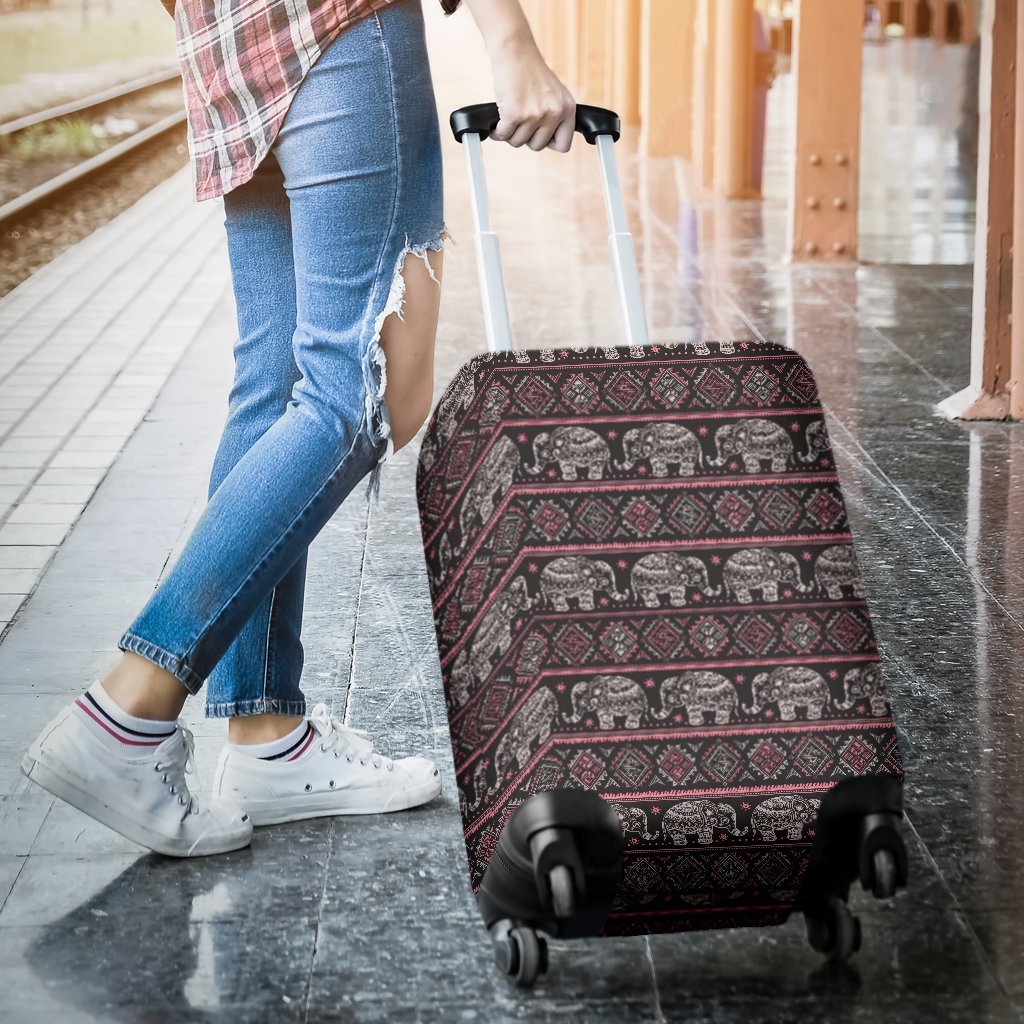 Red Elephant Aztec Pattern Print Luggage Cover Protector-grizzshop
