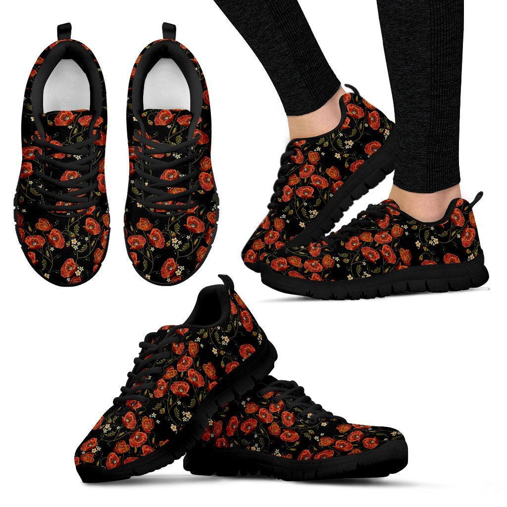 Red Floral Poppy Pattern Print Black Sneaker Shoes For Men Women-grizzshop