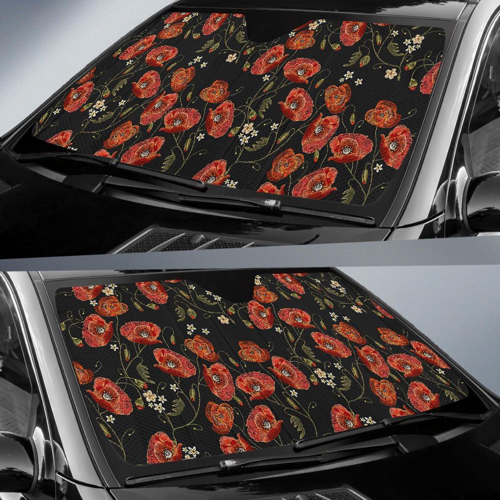 Red Floral Poppy Pattern Print Car Sun Shade-grizzshop