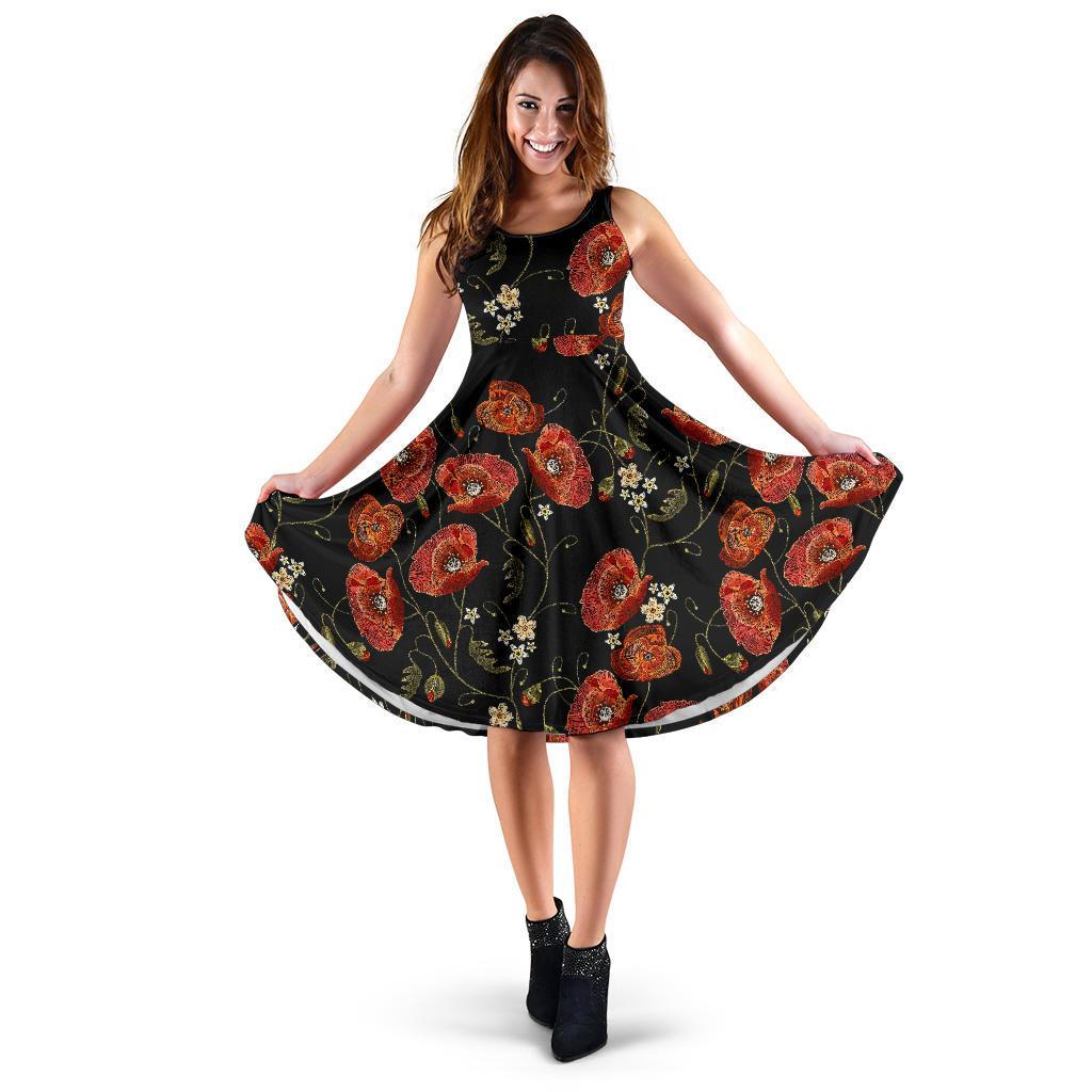 Red Floral Poppy Pattern Print Dress-grizzshop