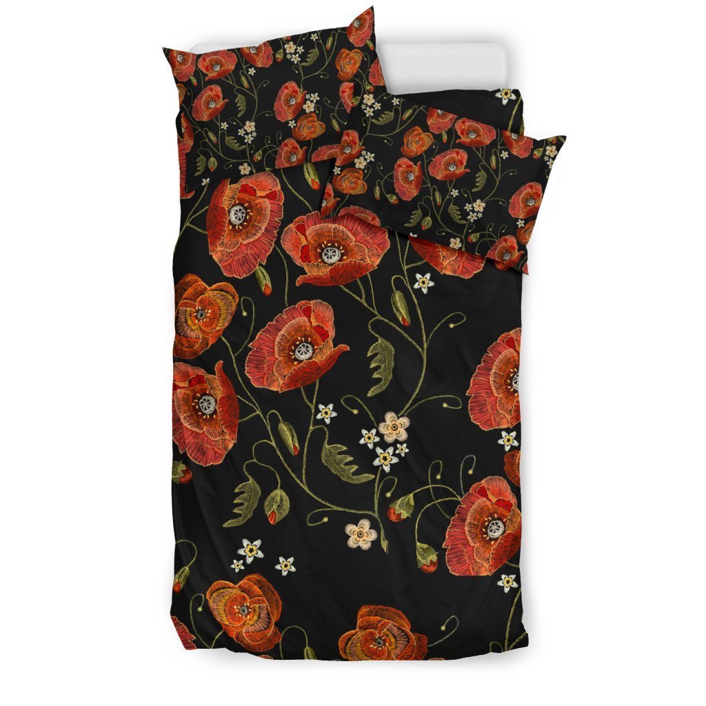 Red Floral Poppy Pattern Print Duvet Cover Bedding Set-grizzshop