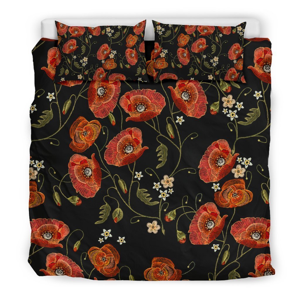 Red Floral Poppy Pattern Print Duvet Cover Bedding Set-grizzshop