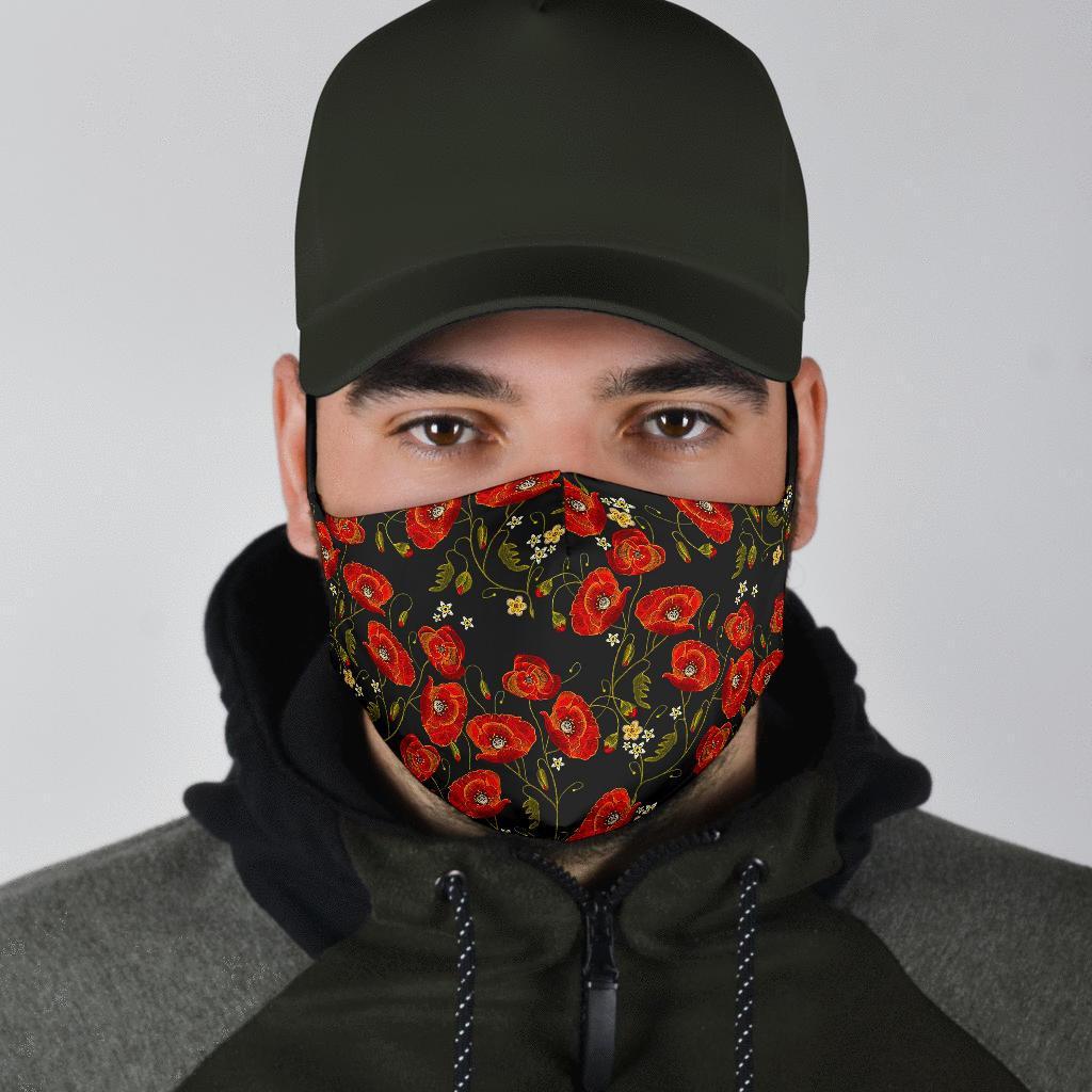 Red Floral Poppy Pattern Print Face Mask-grizzshop