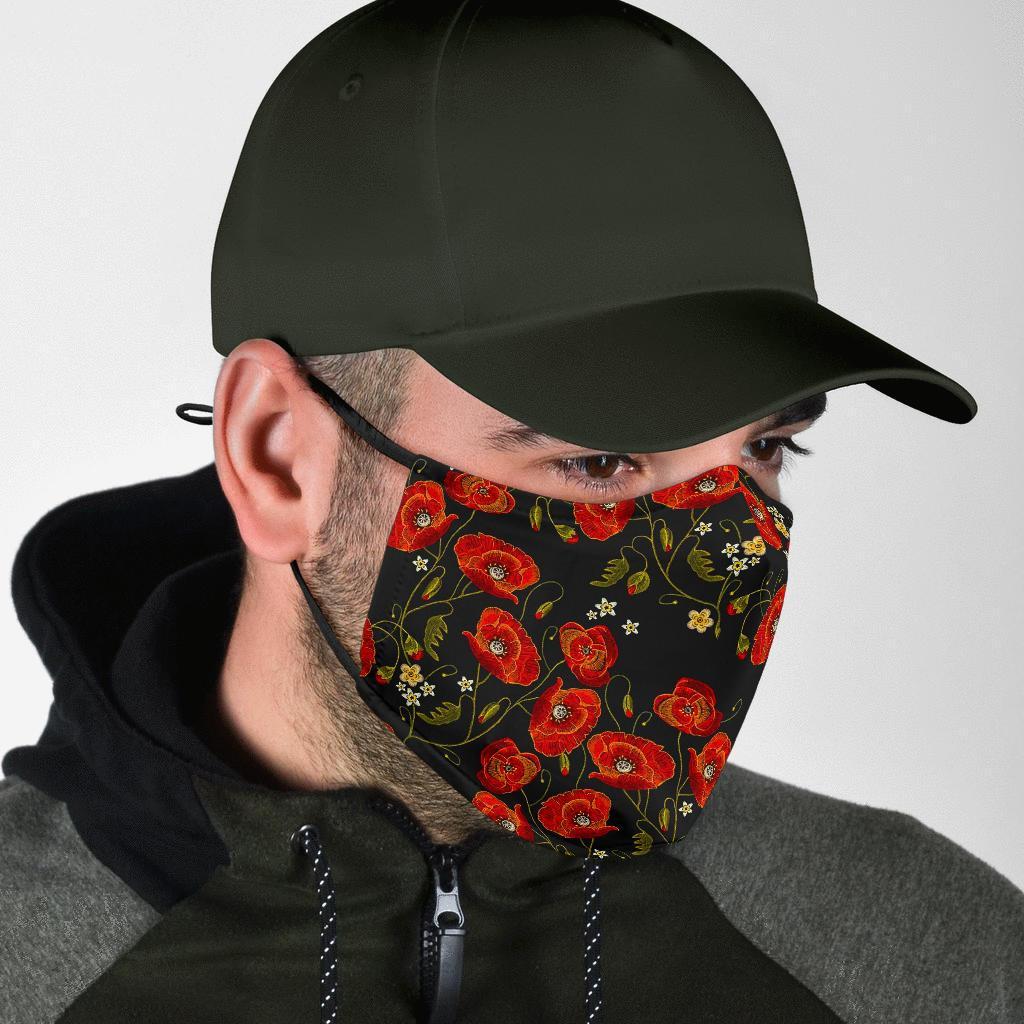 Red Floral Poppy Pattern Print Face Mask-grizzshop