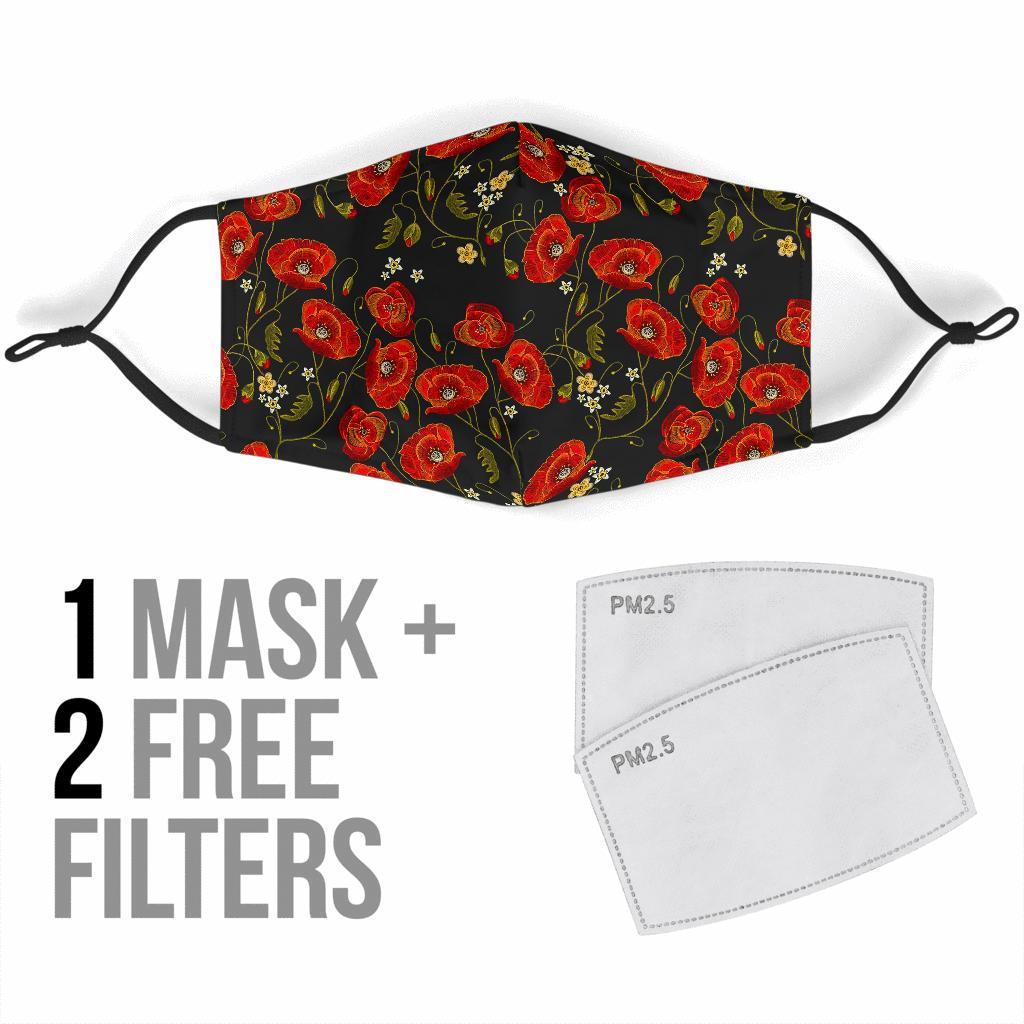 Red Floral Poppy Pattern Print Face Mask-grizzshop