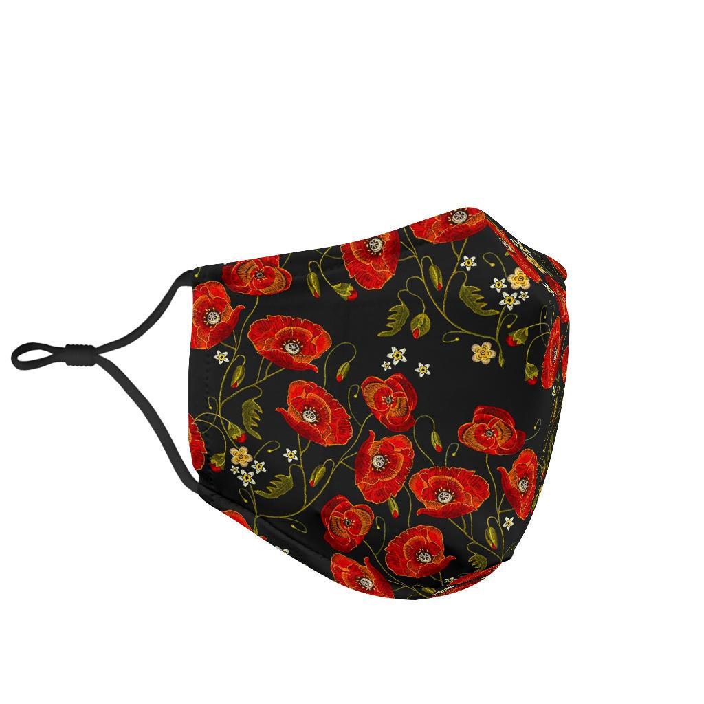 Red Floral Poppy Pattern Print Face Mask-grizzshop