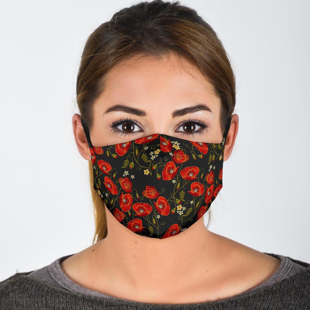 Red Floral Poppy Pattern Print Face Mask-grizzshop