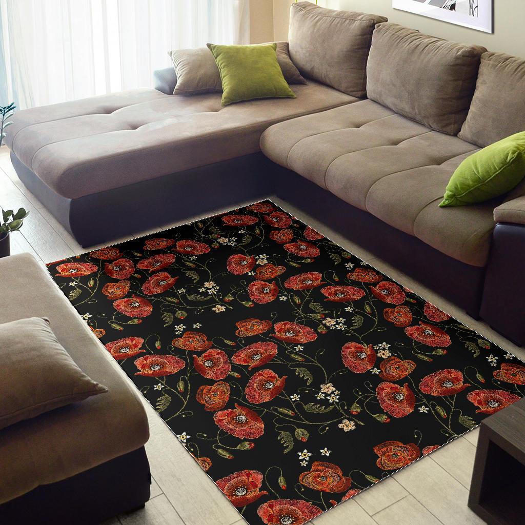 Red Floral Poppy Pattern Print Floor Mat-grizzshop