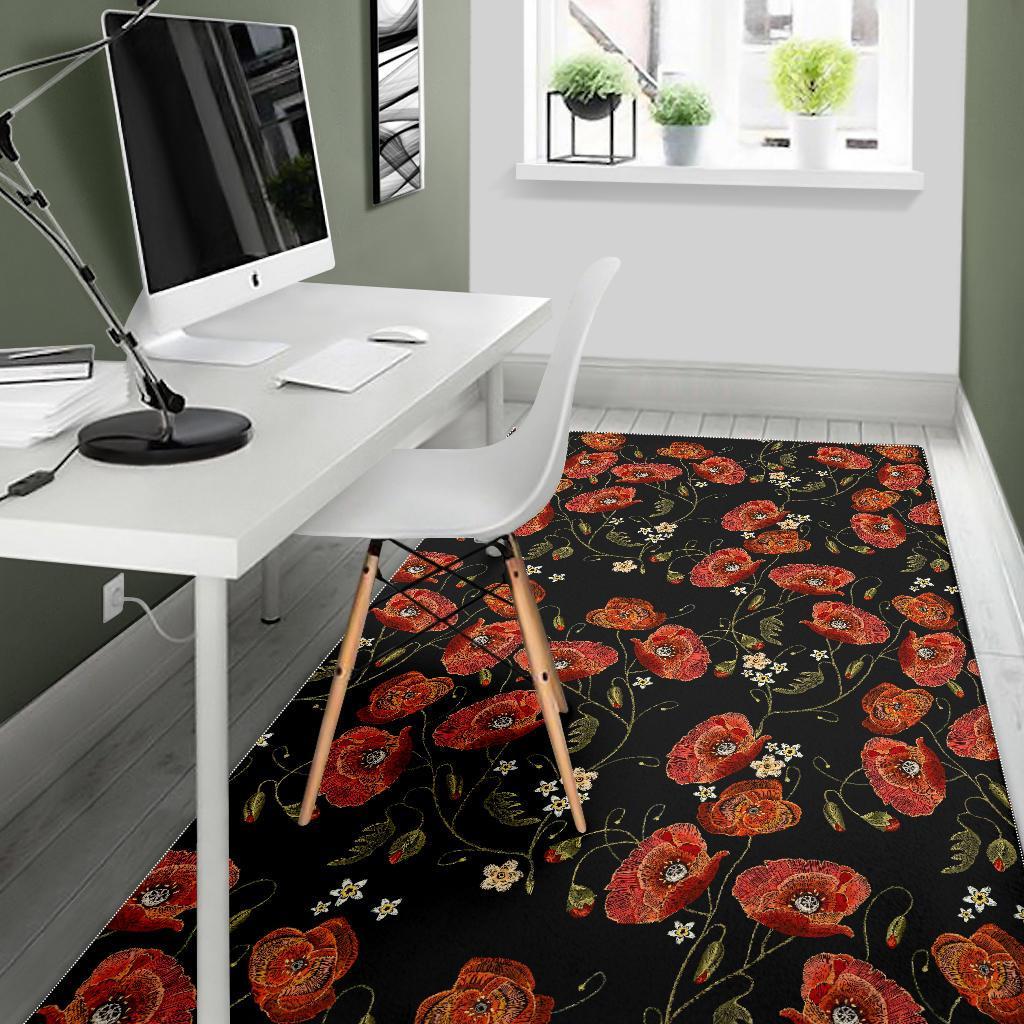 Red Floral Poppy Pattern Print Floor Mat-grizzshop